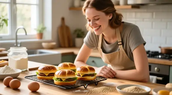Une femme souriante prépare des burgers sur une table de cuisine avec des ingrédients.